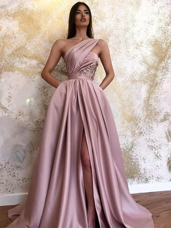Sexy Split Women Dress One Shoulder High Waist Party Dress Solid Color Strapless Big Swing Evening Long Maxi Dress