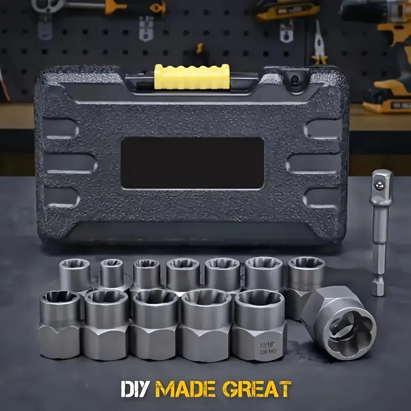 14pcs Damaged Lmpact Socket Set, Nut And Bolt Extractor & Remover-Chrome Molybdenum Steel Extractors With Storage Box