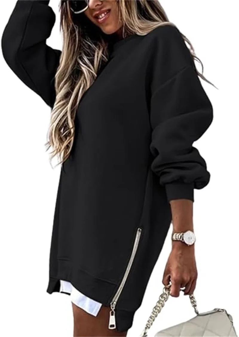Women's  Spring Autumn Fashion Splicing Side Zipper Design Sweatshirt Round Neck Long Sleeved Mid Length Irregular  Tops