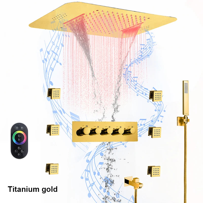 580*380mm Constant-Temperature Shower System Brushed Gold Shower Set LED Light Music Ceiling Hower head Body Massage Nozzle