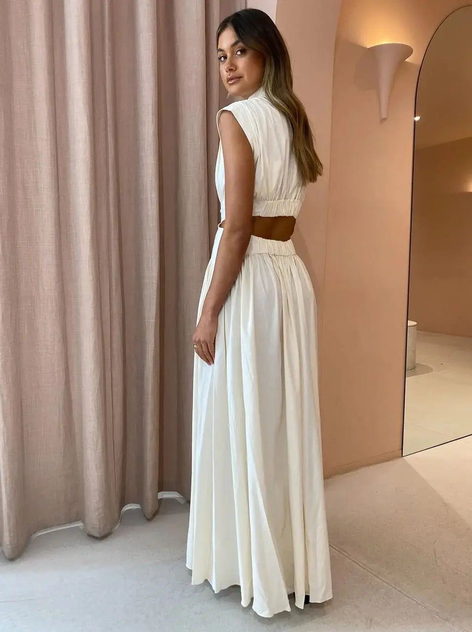 New Holiday Style, Solid Color Waist Empty And Sexy Waist Pleated Large Skirt Dress