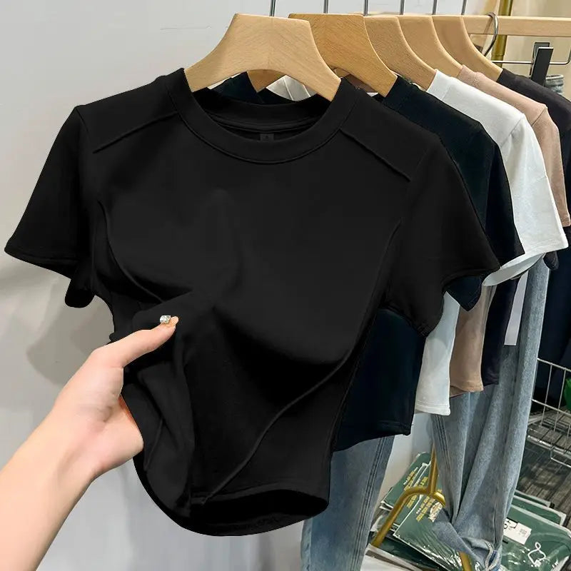 2026 Summer White T-shirt Cotton Female Short-sleeved Student Versatile Slim T-shirt Harajuku Crop Top Trend