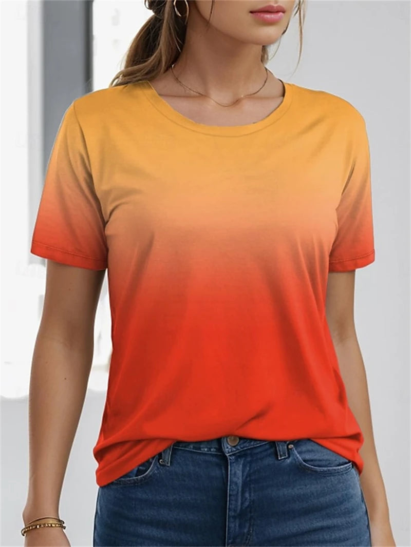 Women's Color Gradient Yellow Blue Orange Print T Shirt Female Classic Fashion Short Sleeve T-shirt Ladies O-neck Tops Tees