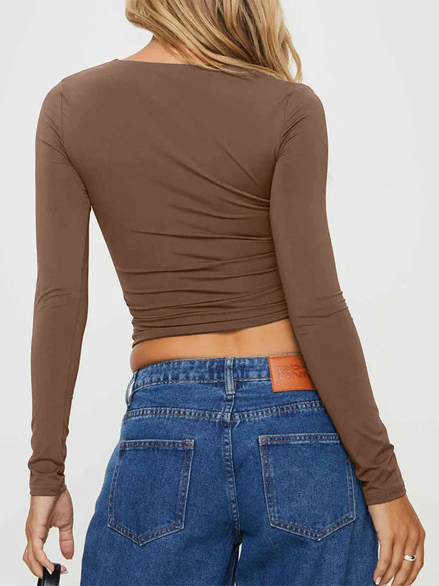 Women's Slim Fit Crop Tops Fashion Long Sleeve Square Neck Solid Color Pullover Basic T-Shirt Dressy Blouses 2024 New Streetwear
