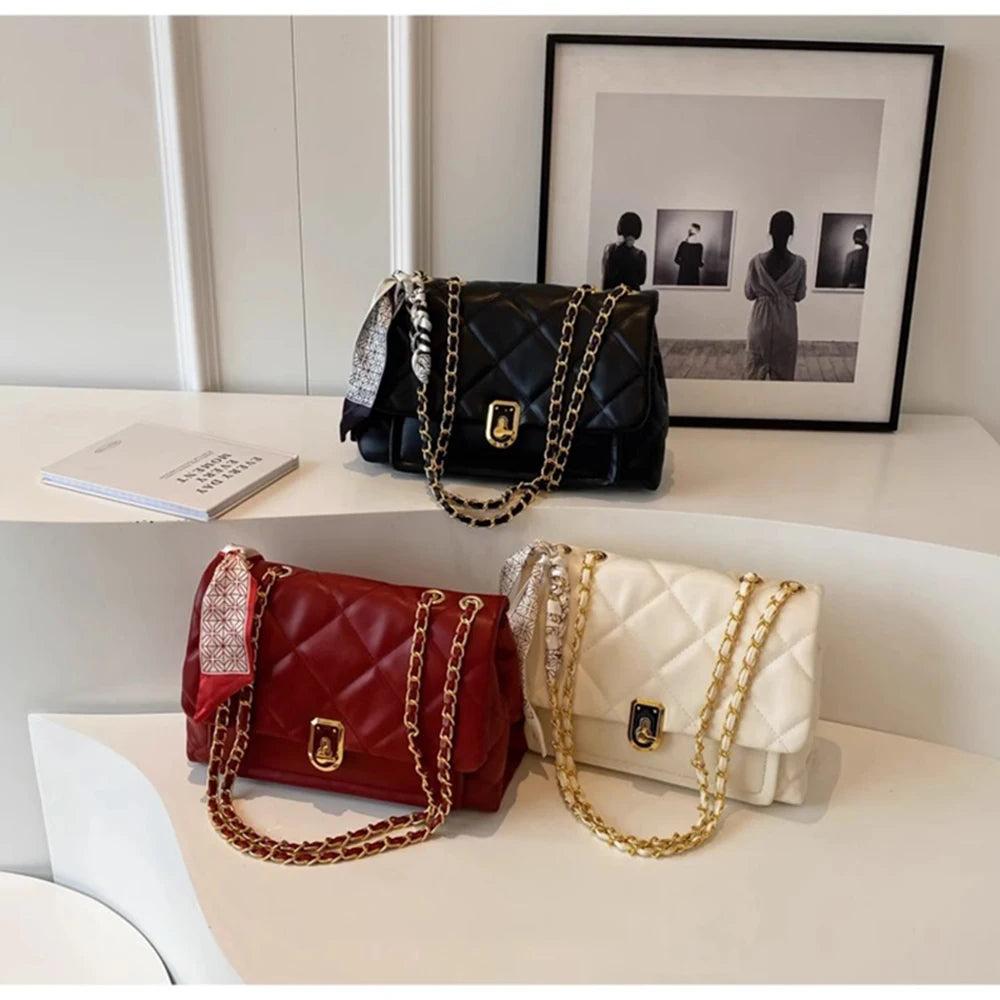 Light Luxury Elegant Red Plaid Chains Shoulder Bag High Quality Fashion Girls New Crossbody Bag Large Capacity Commuter Bag