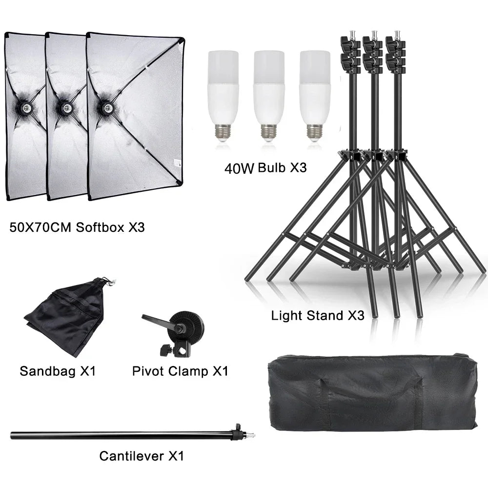 50x70CM Softbox Lights With Cross Arm E27 Photographic Bulbs Professional Photo Studio Continuous Lighting Kit With Tripod Stand