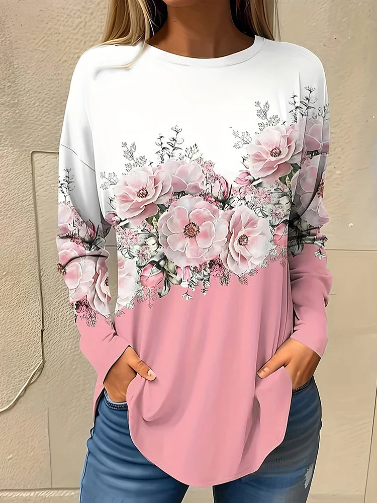 Daily Women's Warm Tops For Autumn And Winter 3D Flower-printed Fashionable Long-sleeved T-shirts Street-style Casual T-shirts
