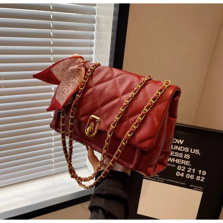 Light Luxury Elegant Red Plaid Chains Shoulder Bag High Quality Fashion Girls New Crossbody Bag Large Capacity Commuter Bag