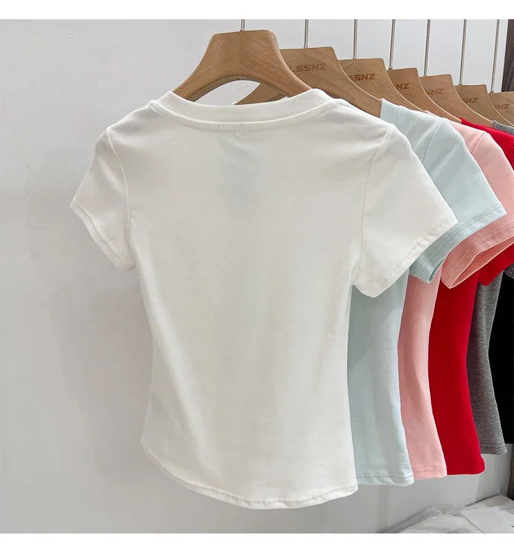 Zjaiss 2026 Summer High Quality Casual V-Neck Women T Shirt Sexy Slim Short Sleeves Fashion Trend Solid Clothing Y2k Tops
