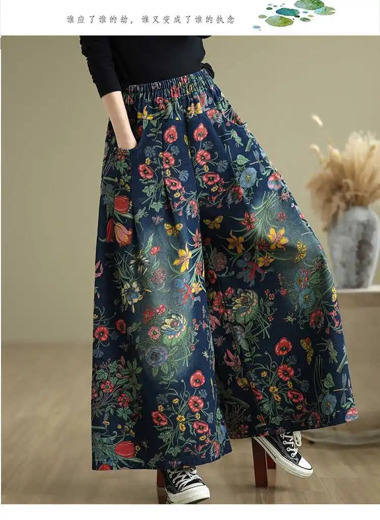 Women's 2025 Spring Autumn Bestseller Plus Size Denim Pants Floral Print Elastic Waist Loose Versatile Straight Wide-Leg Jeans