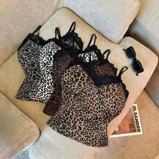 Leopard Stitching Lace Women T-Shirt With Chest Pad American Vest Inside Outside Korean High Street Short Hot Chick Sling