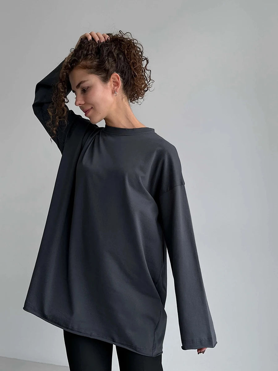 Blubelle Women Autumn 100% Cotton T-shirt Bottoming Spring Basic Fashionable Solid Lady Long Sleeve Loose Tops Shirts