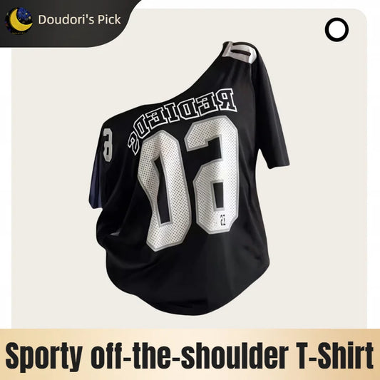 Summer American 90S Style Loose Casual Top with a Disappearing Bottom Effect, Off-Shoulder Sporty Short-Sleeve T-Shirt