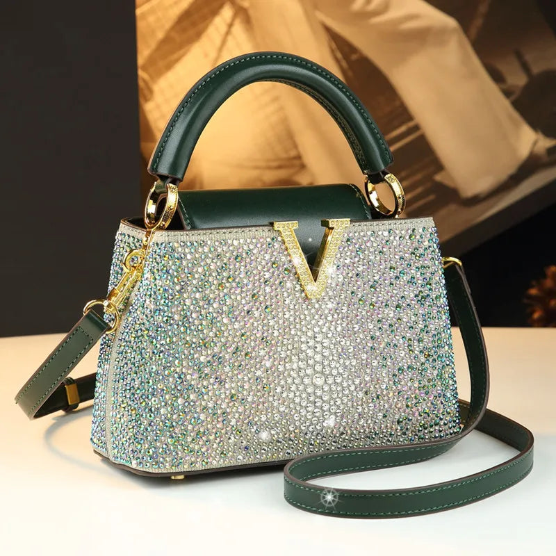 Luxury Fashion Diamonds Women's Handbags 2025 New V Letter Small Shoulder Crossbody Bag Genuine Leather Messenger Shell Bags