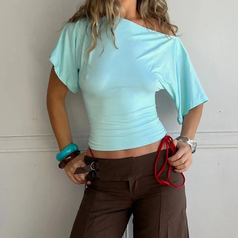 Talenza Summer One Shoulder Tops Fashion Slim Shrink Short Sleeve T-Shirts Sexy Party Y2k Streetwear Solid Pullover Tops Women