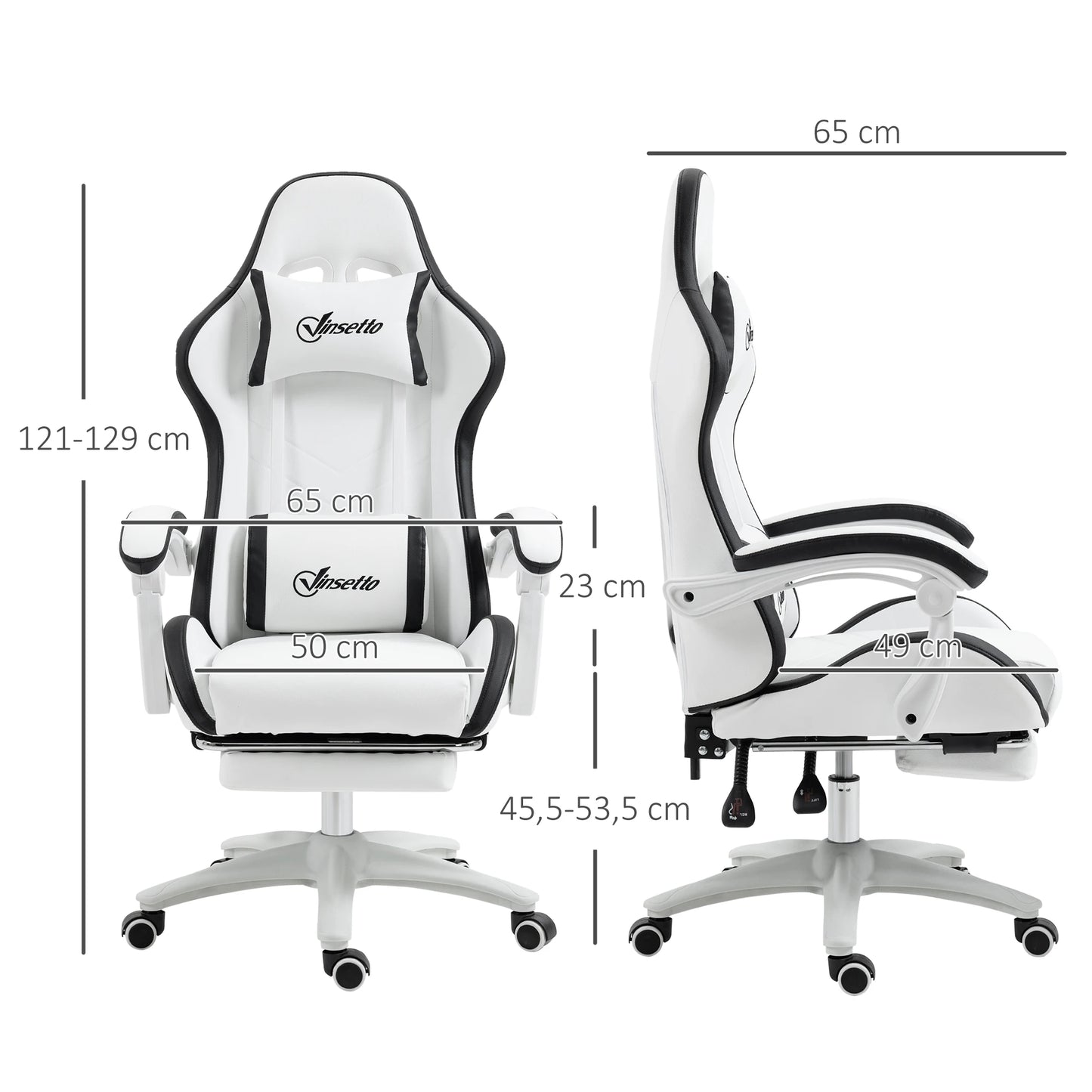 Vinsetto Pu Leather Gaming Chair with Adjustable Height 65X65X121-129 cm White