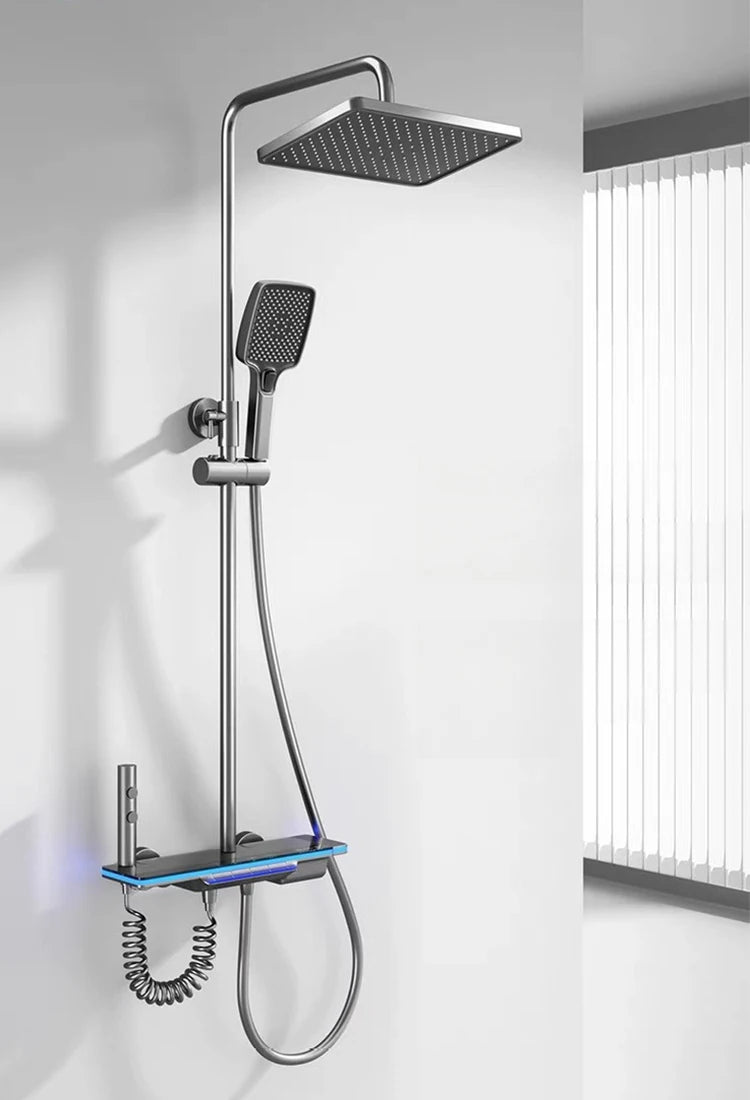 Bathroom Shower Faucet System with Lights Tempered Glass Shower Set Digital Display Copper Mixer Shower Faucet Set