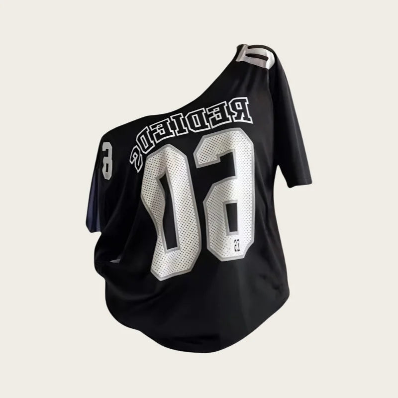 Summer American 90S Style Loose Casual Top with a Disappearing Bottom Effect, Off-Shoulder Sporty Short-Sleeve T-Shirt