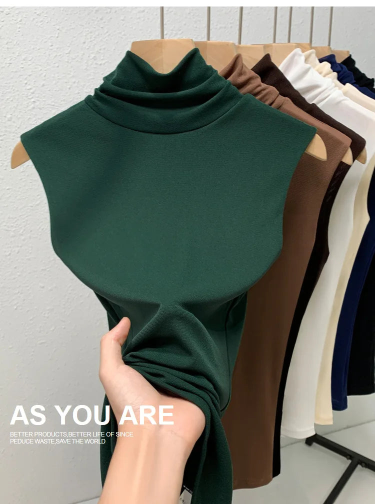 Elastic Mesh High Neck T-shirt New Women's Solid Color Plus Size Sleeveless Basic Top