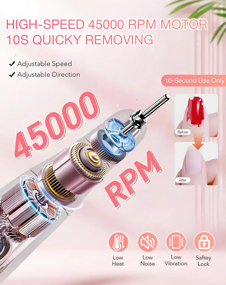 45000RPM Professional Rechargeable Electric Nail Drill Machine With Base Portable Cordless Nail File For Acrylic Gel Nail Remove