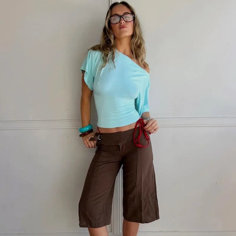 Talenza Summer One Shoulder Tops Fashion Slim Shrink Short Sleeve T-Shirts Sexy Party Y2k Streetwear Solid Pullover Tops Women