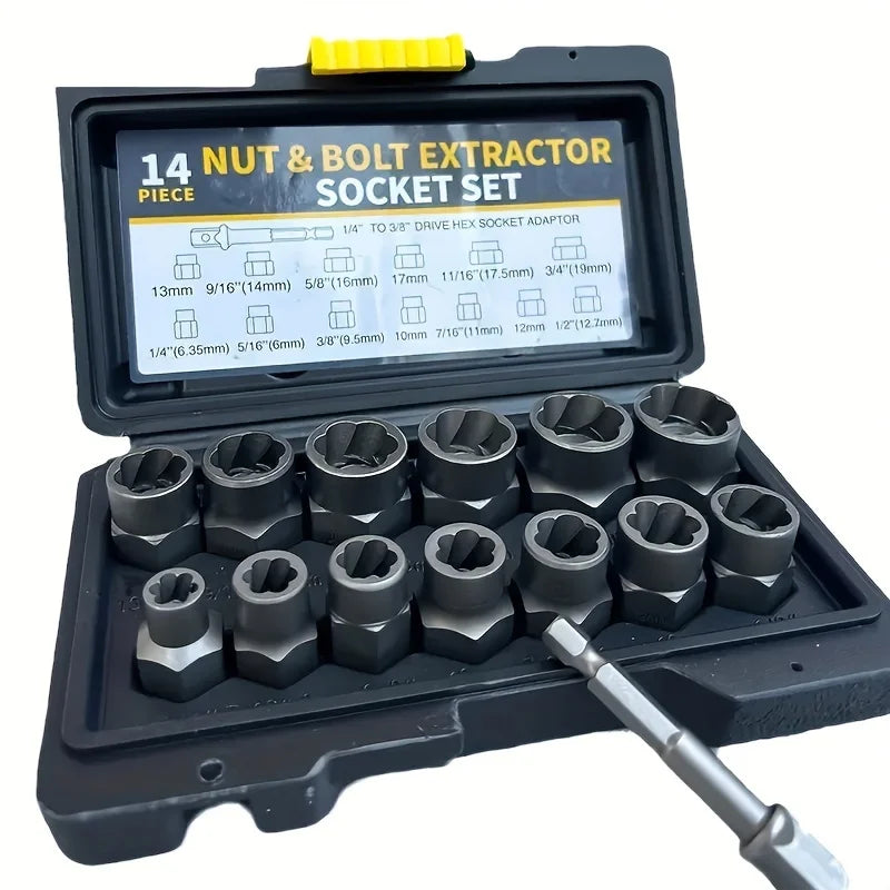 14pcs Damaged Lmpact Socket Set, Nut And Bolt Extractor & Remover-Chrome Molybdenum Steel Extractors With Storage Box