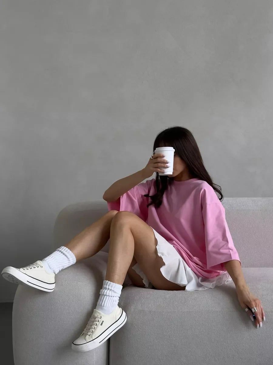 Hirsionsan Summer Casual Oversized T-shirts Women 100% Cotton Pink Loose Tees 2025 New Cusual Solid O Neck Female Aesthetic Tops