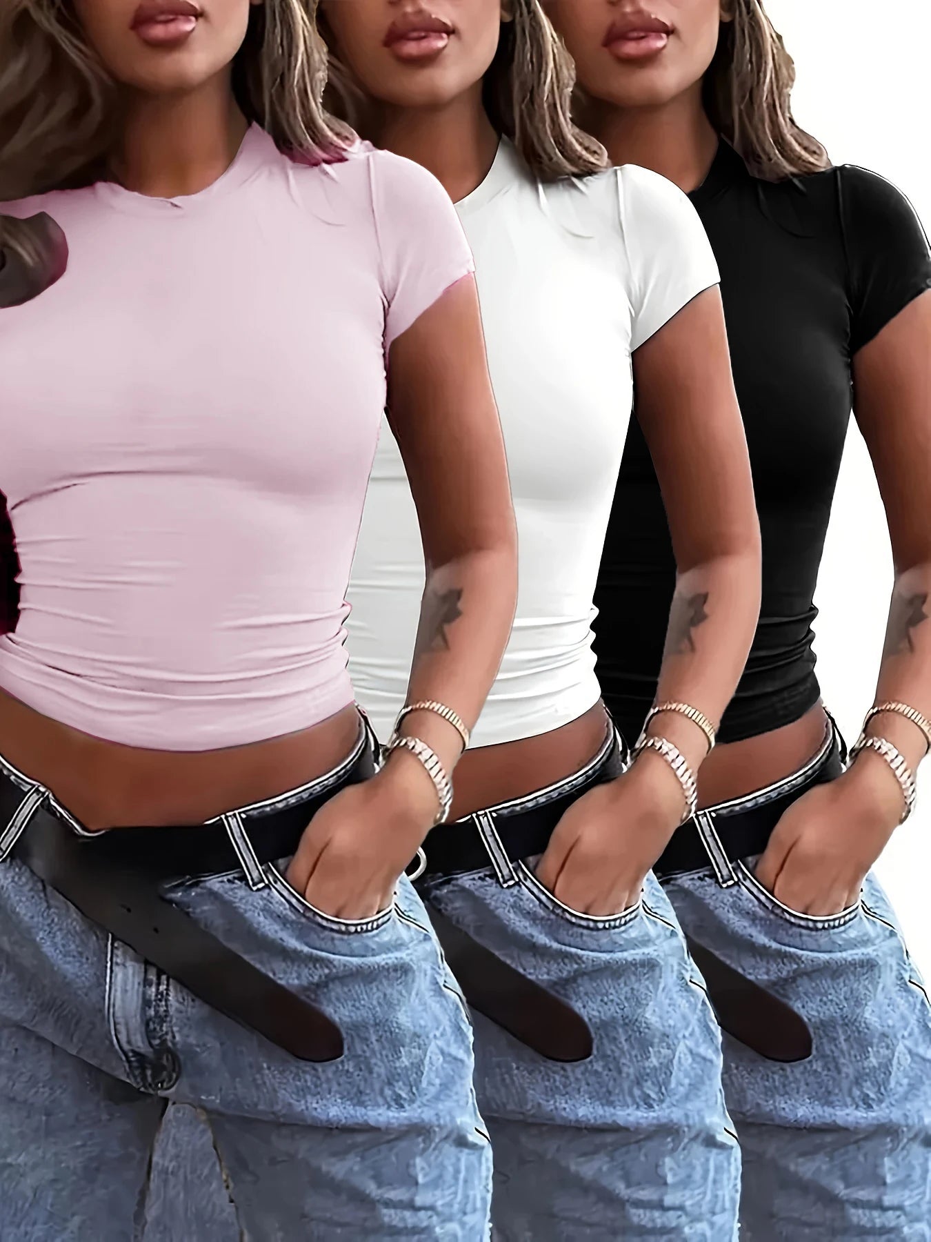 3pcs Women's Slim Fit Short Sleeve T-Shirts Elegant Crew Neck Casual Tshirt Ladies Y2k Vintage Basic Tees 2025 Women's Clothing