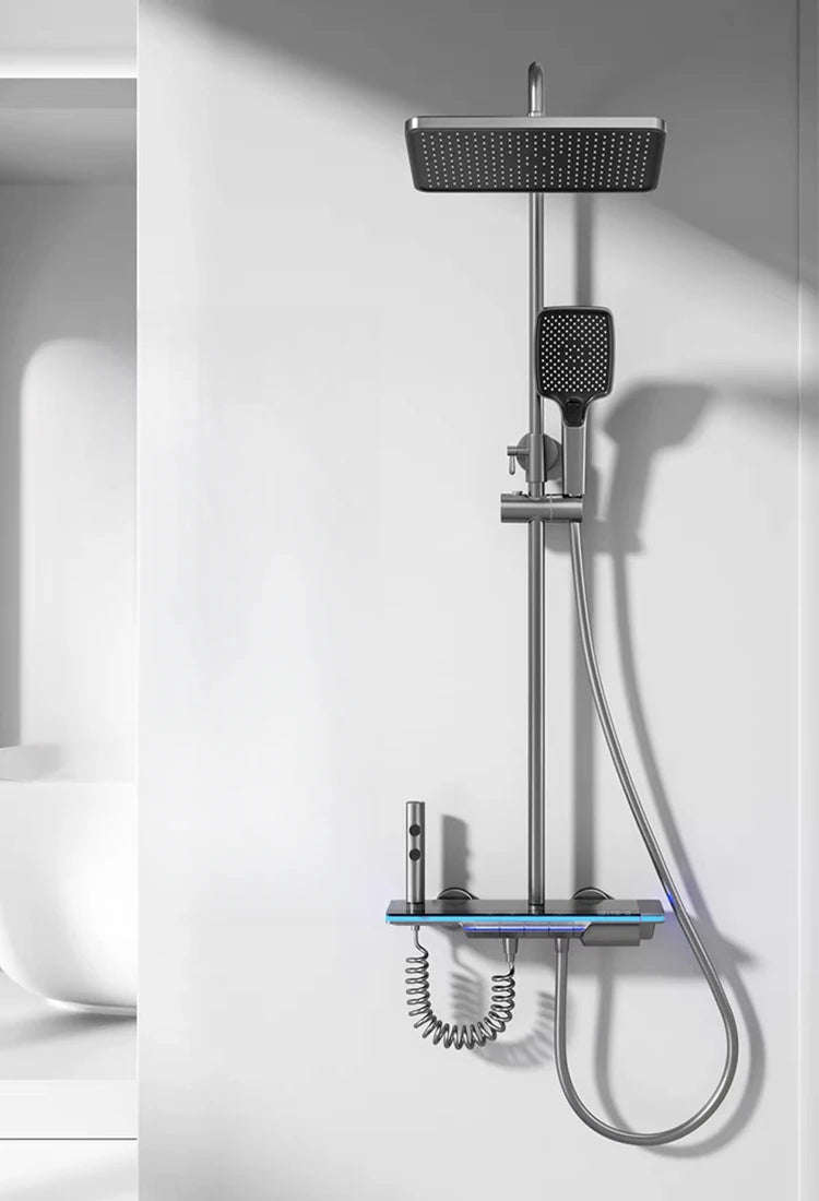 Bathroom Shower Faucet System with Lights Tempered Glass Shower Set Digital Display Copper Mixer Shower Faucet Set