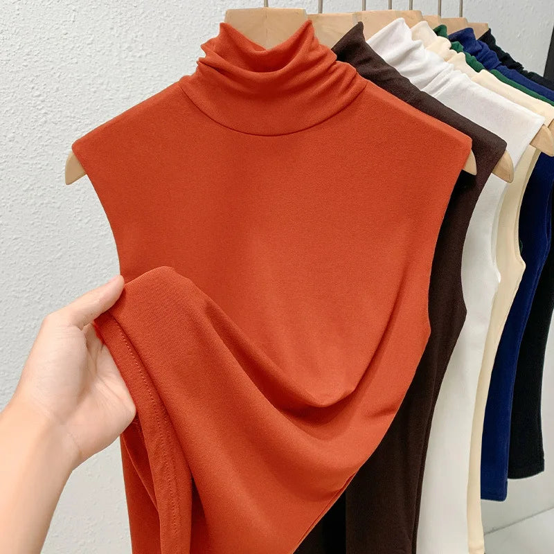 Elastic Mesh High Neck T-shirt New Women's Solid Color Plus Size Sleeveless Basic Top