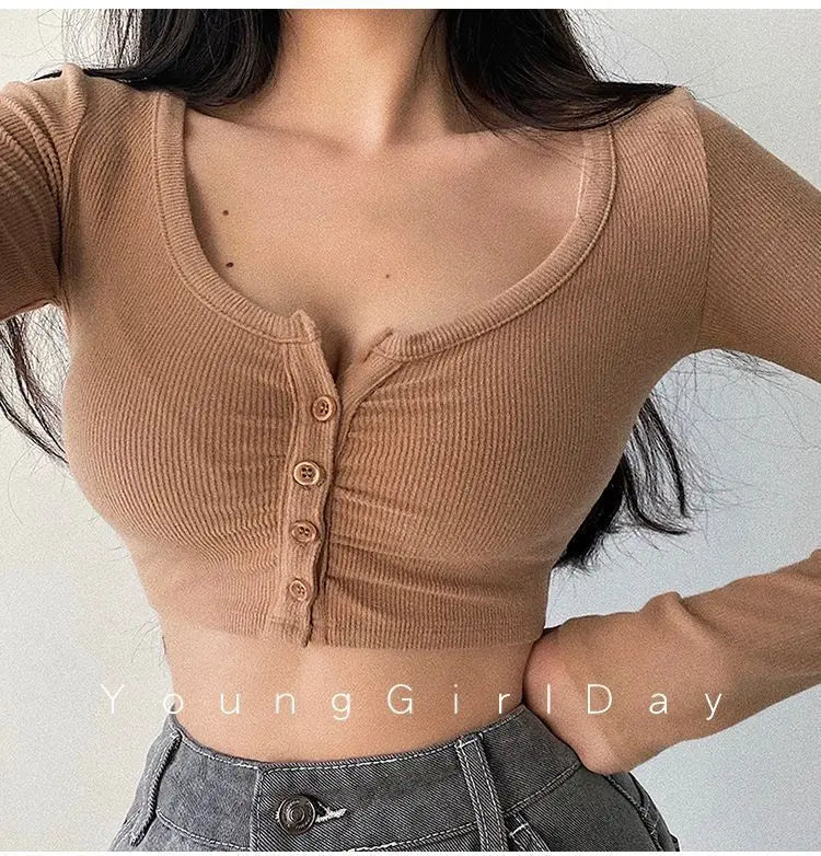 Sexy Hot Girl Tie Dye Long Sleeve T-Shirt Ultra Short Tight Inner Wear Base Shirt Jazz Dancing Black Top Women's Cotton Tee