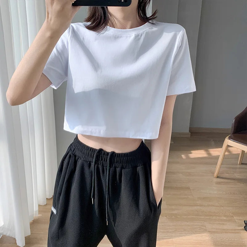 Summer Fashion Women's Clothing Top Y2K loose  Short Sleeve T-shirt Sexy Solid Color Street Women Crop Top