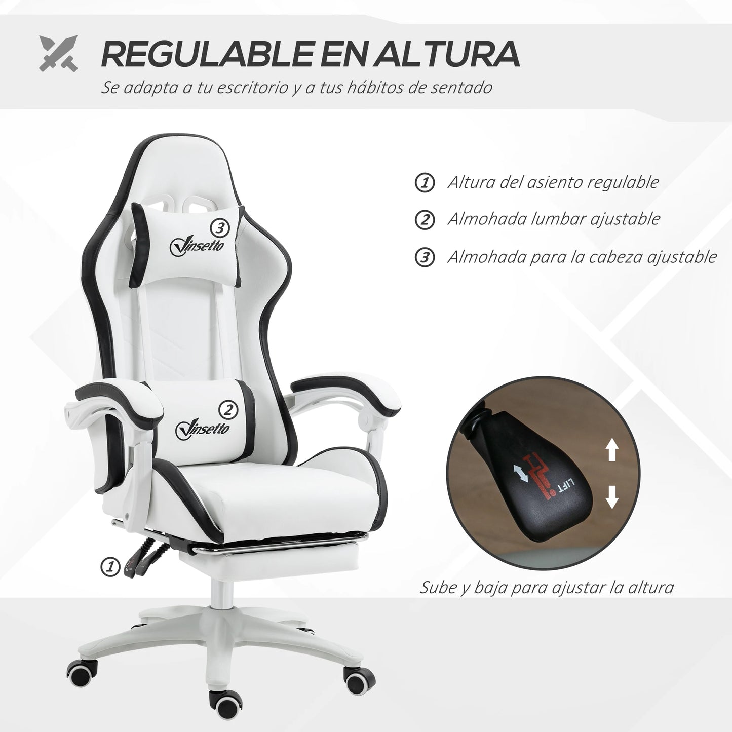 Vinsetto Pu Leather Gaming Chair with Adjustable Height 65X65X121-129 cm White