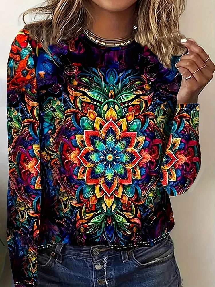 Daily Women's Warm Tops For Autumn And Winter 3D Flower-printed Fashionable Long-sleeved T-shirts Street-style Casual T-shirts