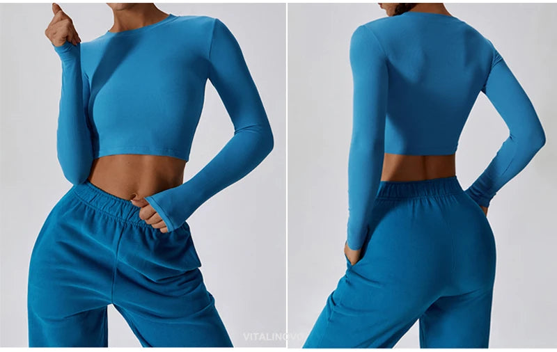VITALINOVO Ribbed Crew Neck Cropprd Gym Tee Shirt Lightweight Basic Crop Tops Slim Fit Long Sleeve Workout Shirts for Women