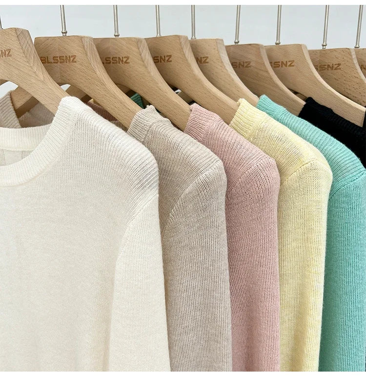 Spring  Basic O-Neck Slim T-Shirt Women Solid Multi Color All-Match Trend Casual Top Screw Knit Long Sleeve Elastic Office Lady