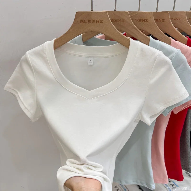 Zjaiss 2026 Summer High Quality Casual V-Neck Women T Shirt Sexy Slim Short Sleeves Fashion Trend Solid Clothing Y2k Tops