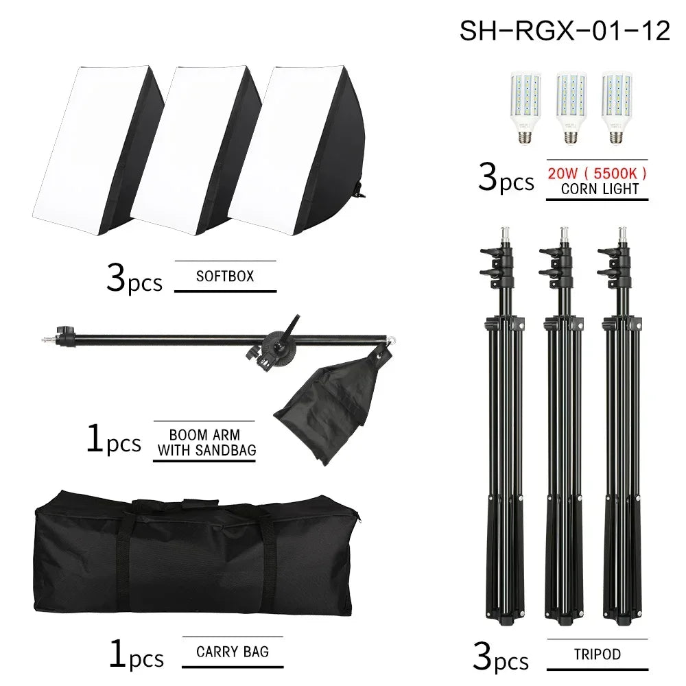 50x70CM Softbox Lights With Cross Arm E27 Photographic Bulbs Professional Photo Studio Continuous Lighting Kit With Tripod Stand