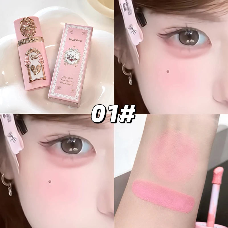 Gege bear Strawberry Cupid Pink Pop Set Velvet Matte Lip Cream Pressed Powder Liquid Blush Set Long Lasting Lightweight Makeu