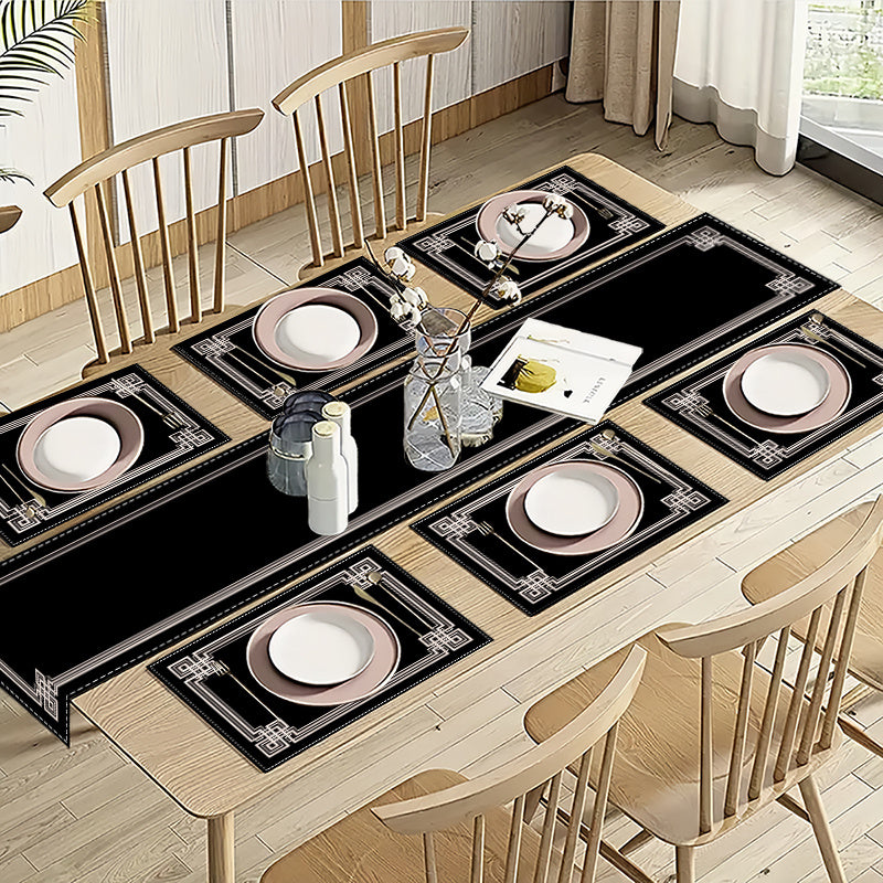 5/7pcs, Minimalist Black Geometric Border Linen Table Runner And Placemats, Featuring Line And Pattern Designs Suitable for Festive Party Decorations, Home Kitchen And Dining Room Decor, Café And Hotel Table Settings, Outdoo