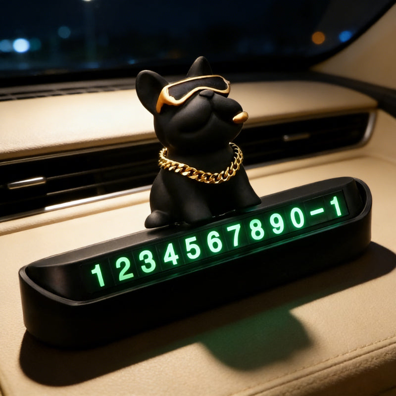 Creative Geometric French Bulldog Car Phone Holder - Stylish Temporary Parking Sign with License Plate, Available in Red or Black, Includes Free Number Plate
