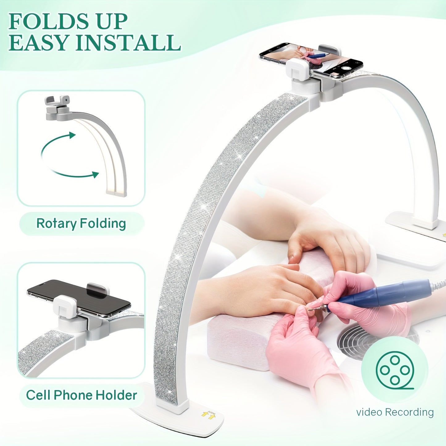 29-Inch Foldable Nail Lamp with Phone Holder - Adjustable Arched Light for Manicure, Pedicure, Eyelash Extensions & Tattoo Crafts - USB-Powered, Formaldehyde-Free, Creates Professional Manicures & Special Effects, Manicure Li