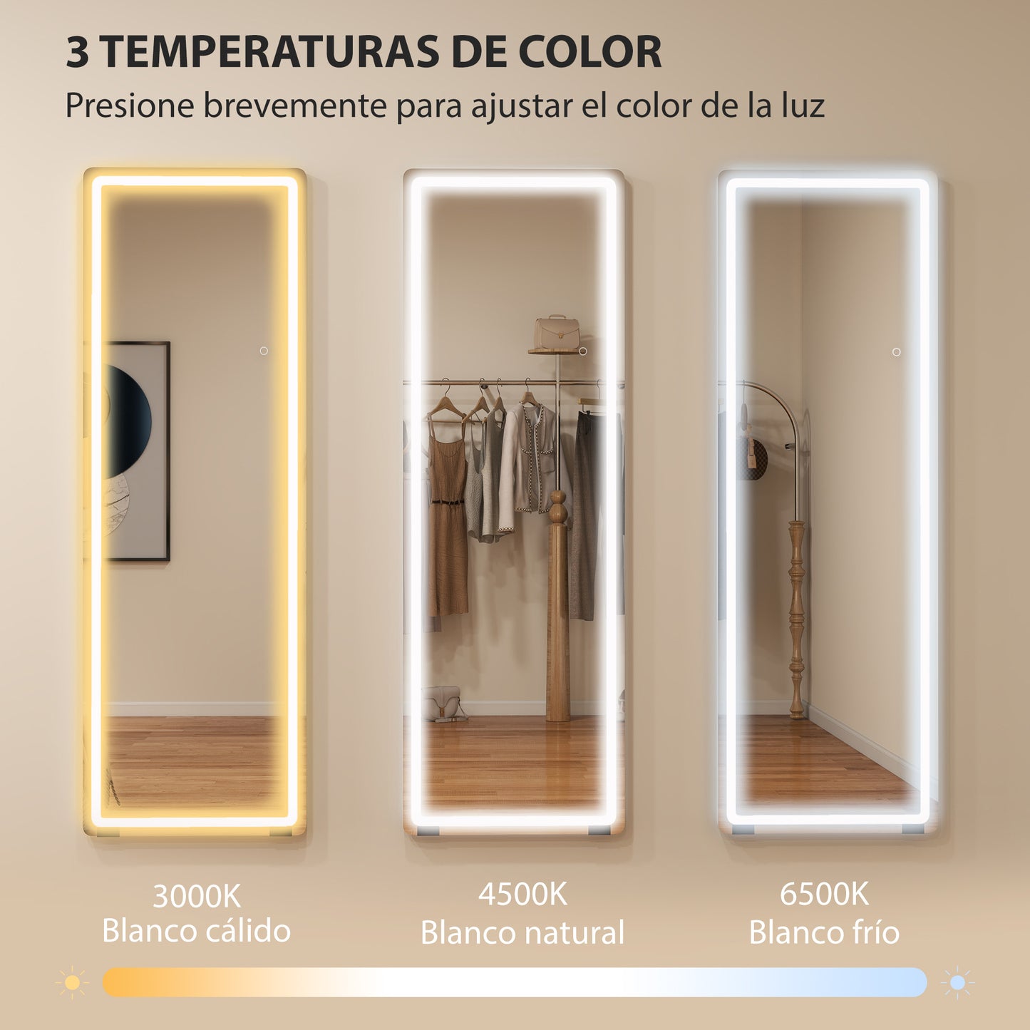 Homcom Full Length Standing Mirror with Lights 150X50 cm Frameless 3 Color Temperatures Adjustable Brightness Transparent