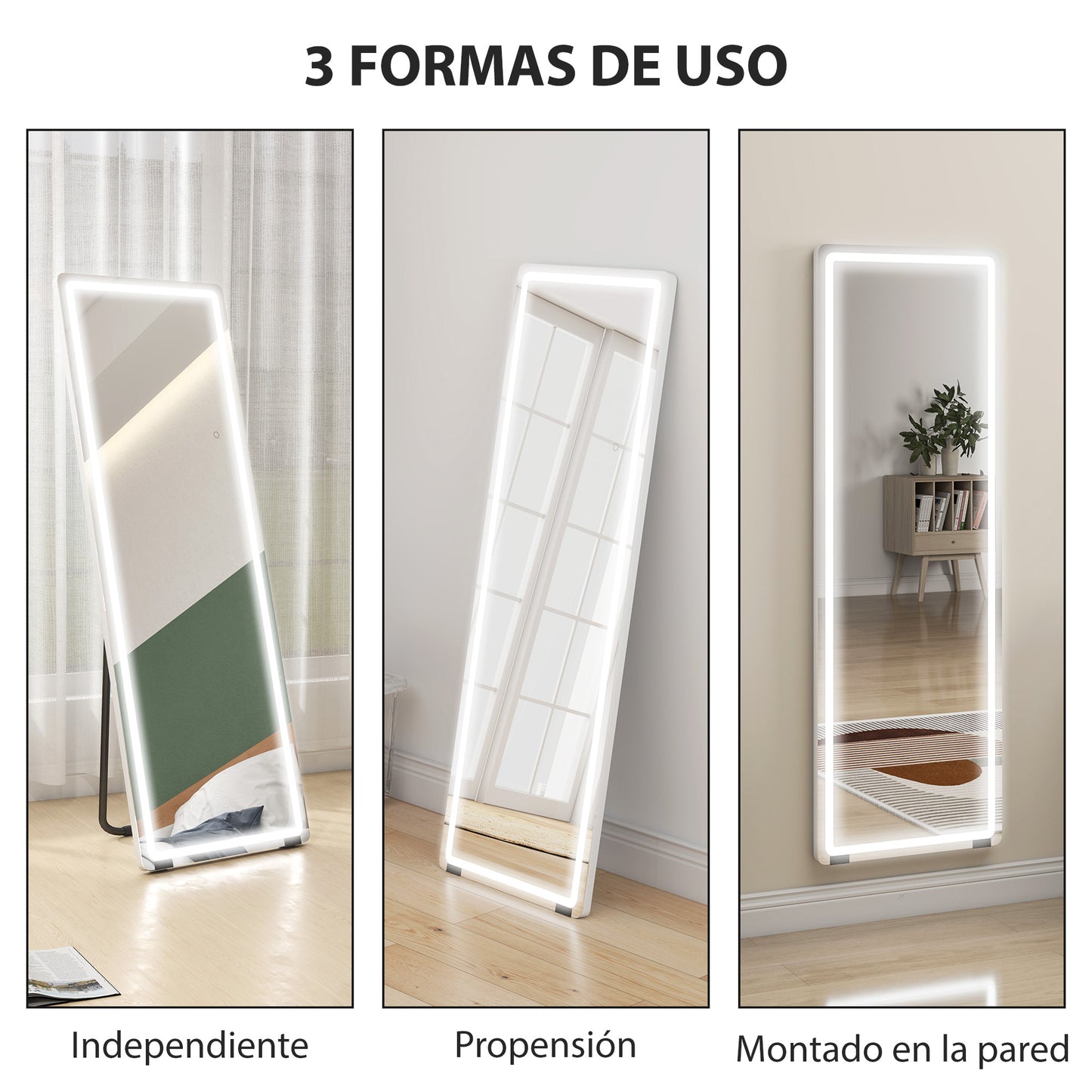 Homcom Full Length Standing Mirror with Lights 150X50 cm Frameless 3 Color Temperatures Adjustable Brightness Transparent