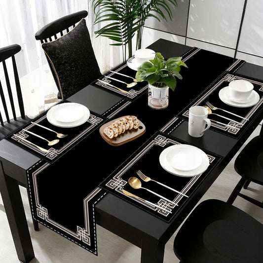 5/7pcs, Minimalist Black Geometric Border Linen Table Runner And Placemats, Featuring Line And Pattern Designs Suitable for Festive Party Decorations, Home Kitchen And Dining Room Decor, Café And Hotel Table Settings, Outdoo